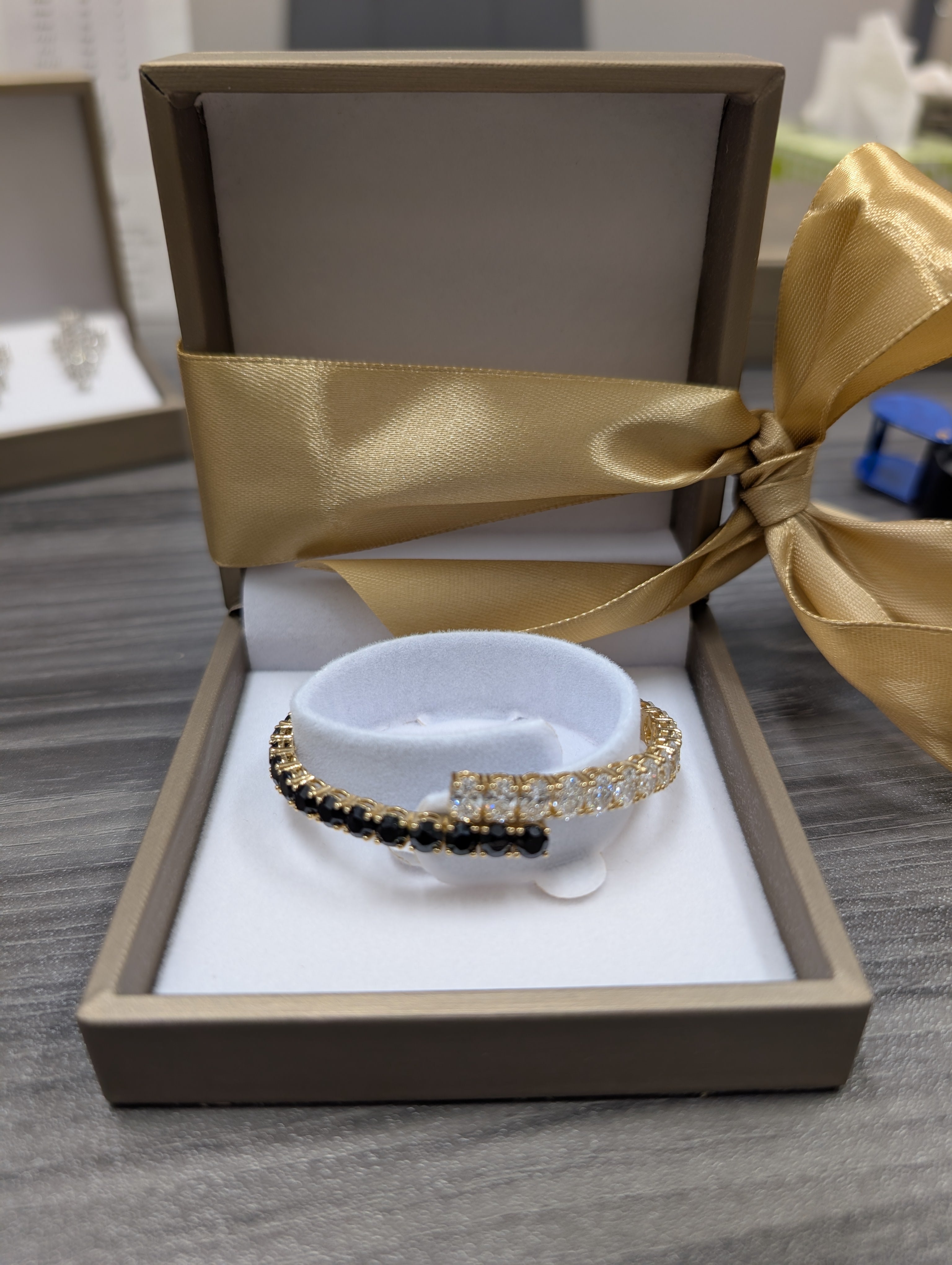 Round Black Onyx and Oval Diamond Bangle image 4
