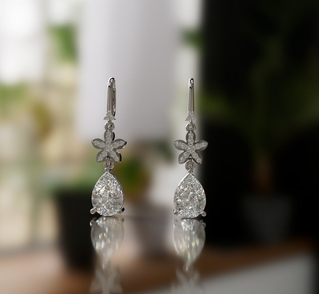 Flower Pear Diamond Dangle Earring image 7