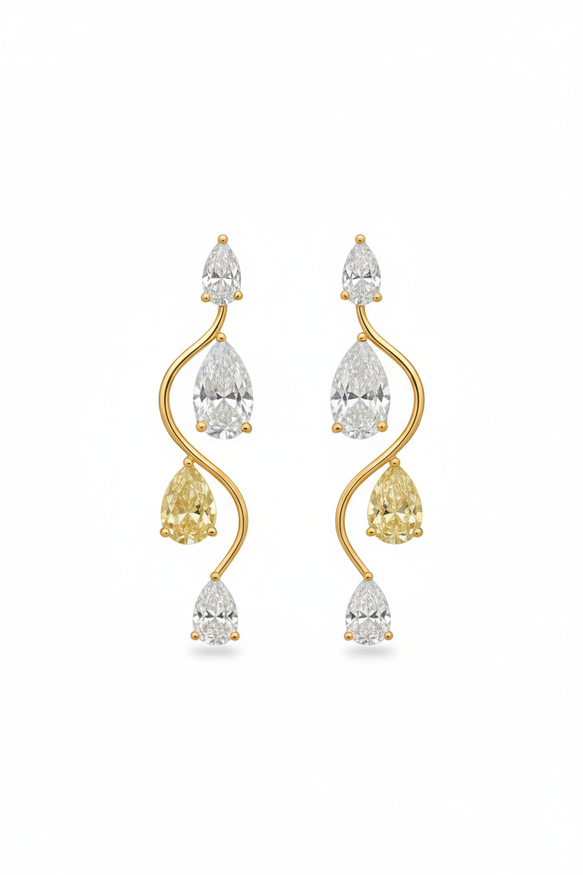 Golden Wave Pear Drop Earrings � White & Yellow Diamond Elegance image 0