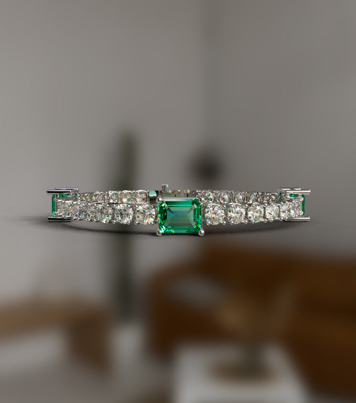 Emerald Cut Green Stone and Diamond Tennis Bracelet image 3