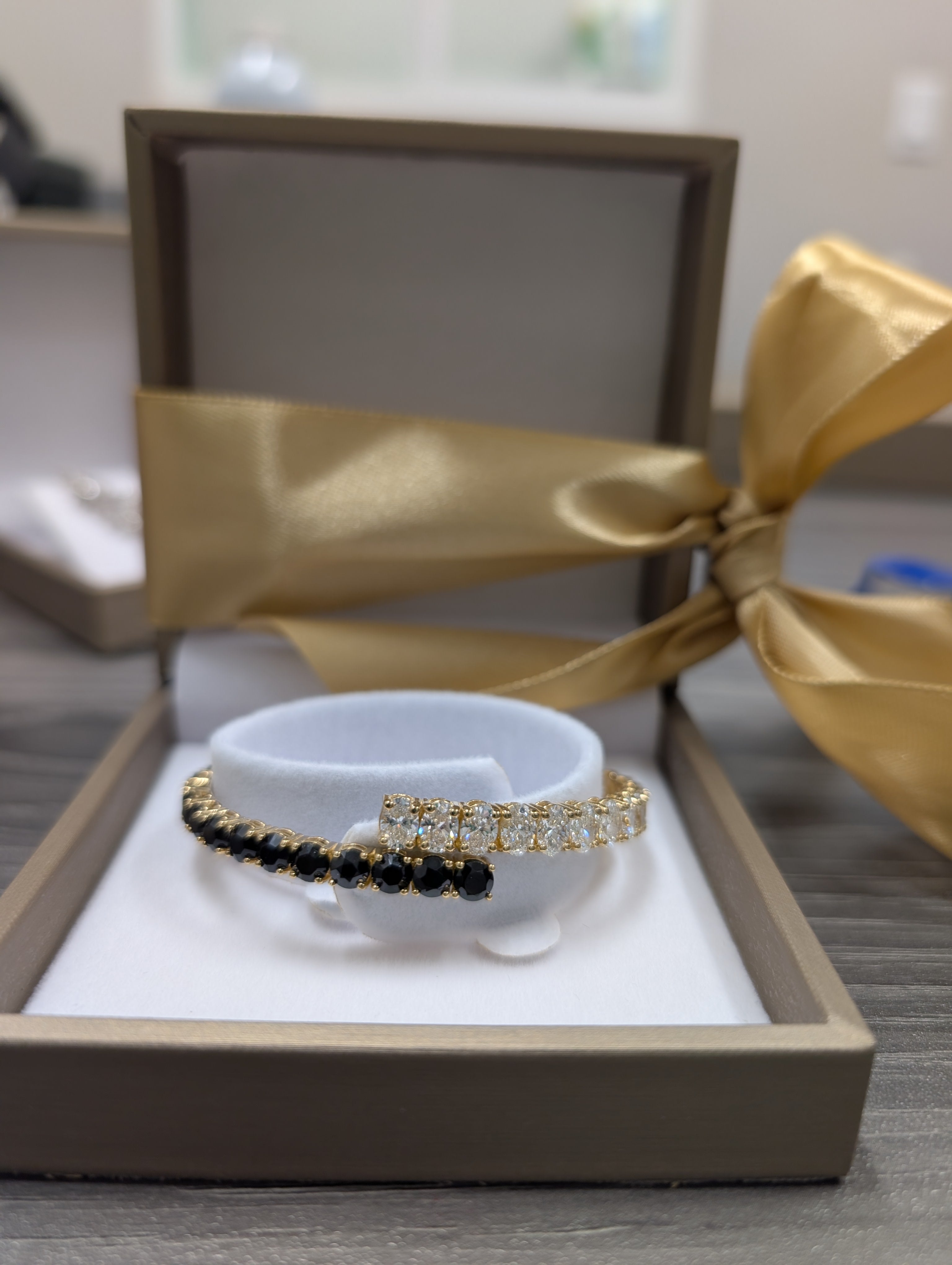 Round Black Onyx and Oval Diamond Bangle image 0
