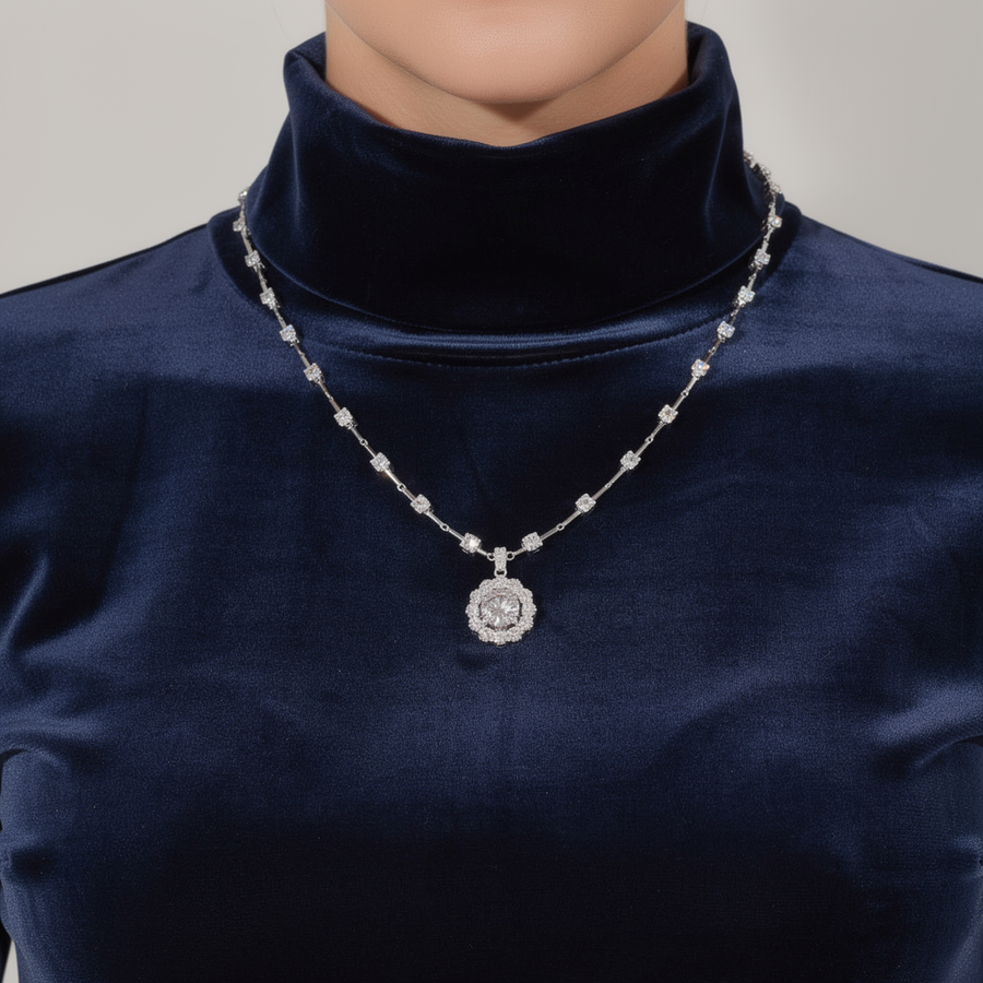Diamond Link Necklace with 1 Carat Center Halo Pendant