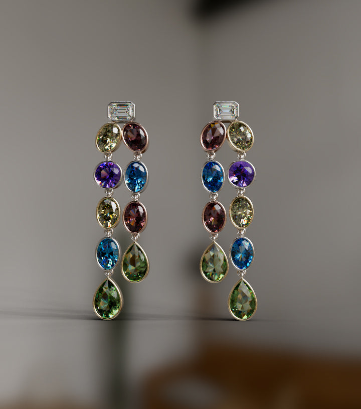 Diamond and Genuine Color Stones Double Bezel Dangle Earring image 1
