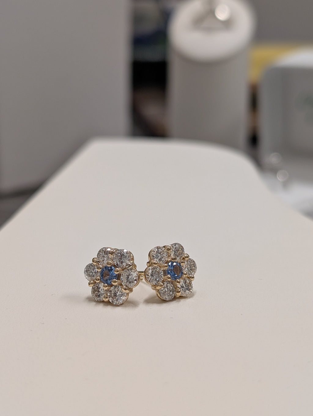 Flower Shaped Diamond & Blue Topaz Cluster Stud Earring image 4