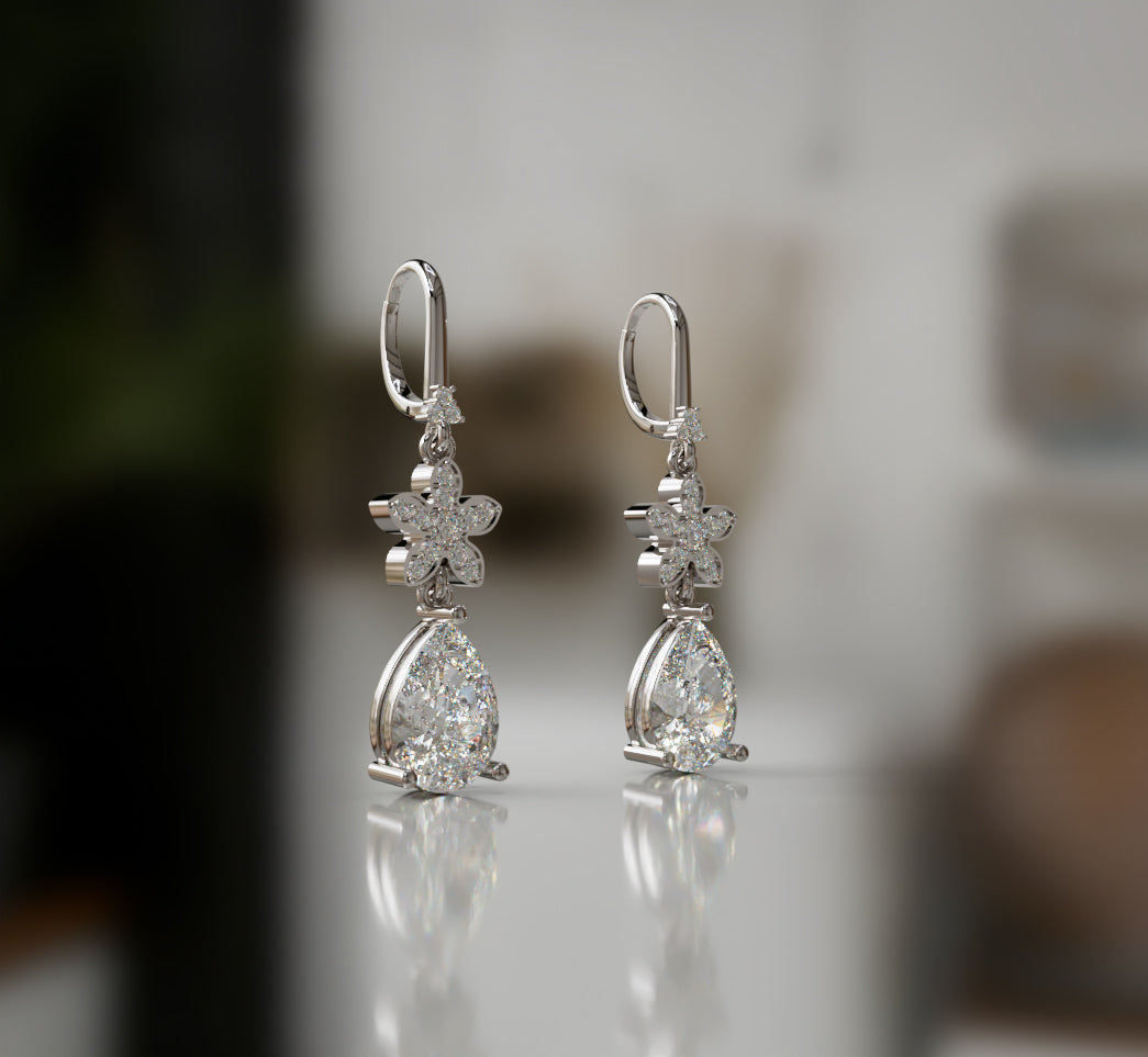 Flower Pear Diamond Dangle Earring image 9