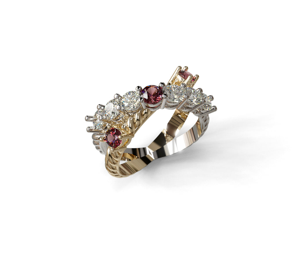 Rope Design Fancy Genuine Garnet and Diamond Criss Cross Ring image 0