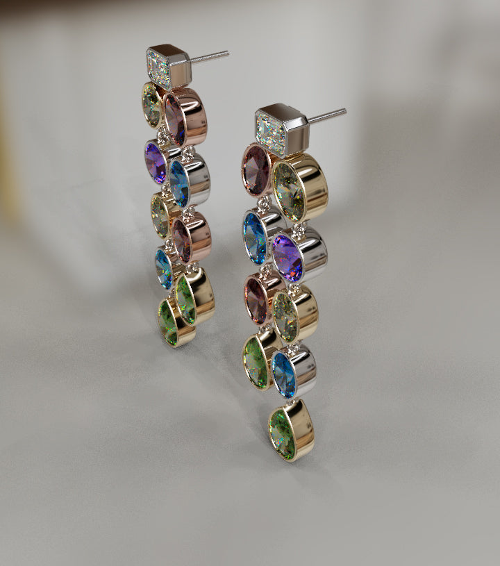 Diamond and Genuine Color Stones Double Bezel Dangle Earring image 3