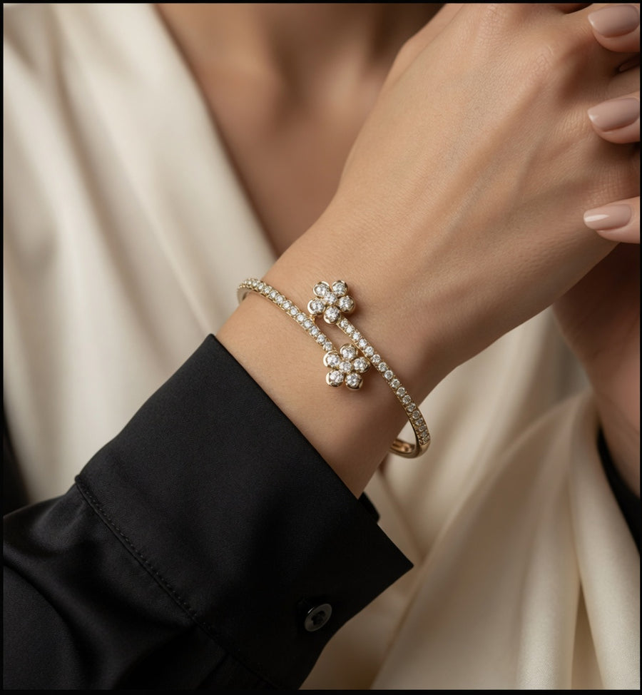 Double Flower Diamond Cuff Bangle