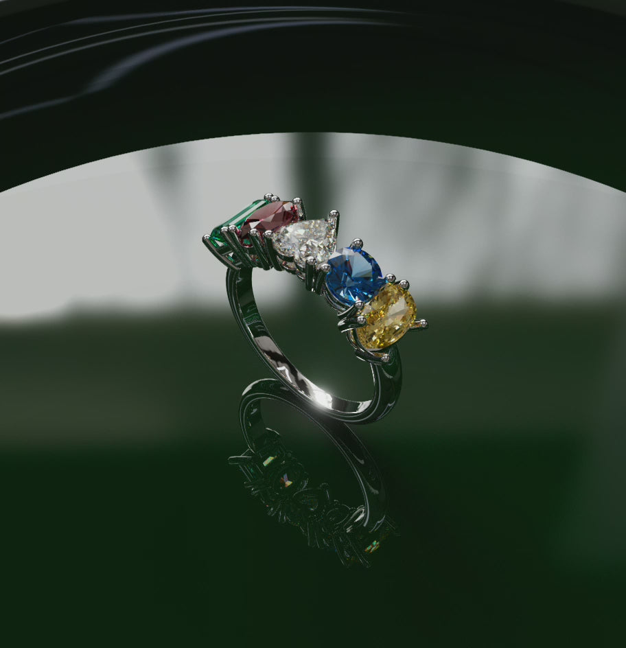 Heart Cut Diamond and Gemstone Cluster Ring