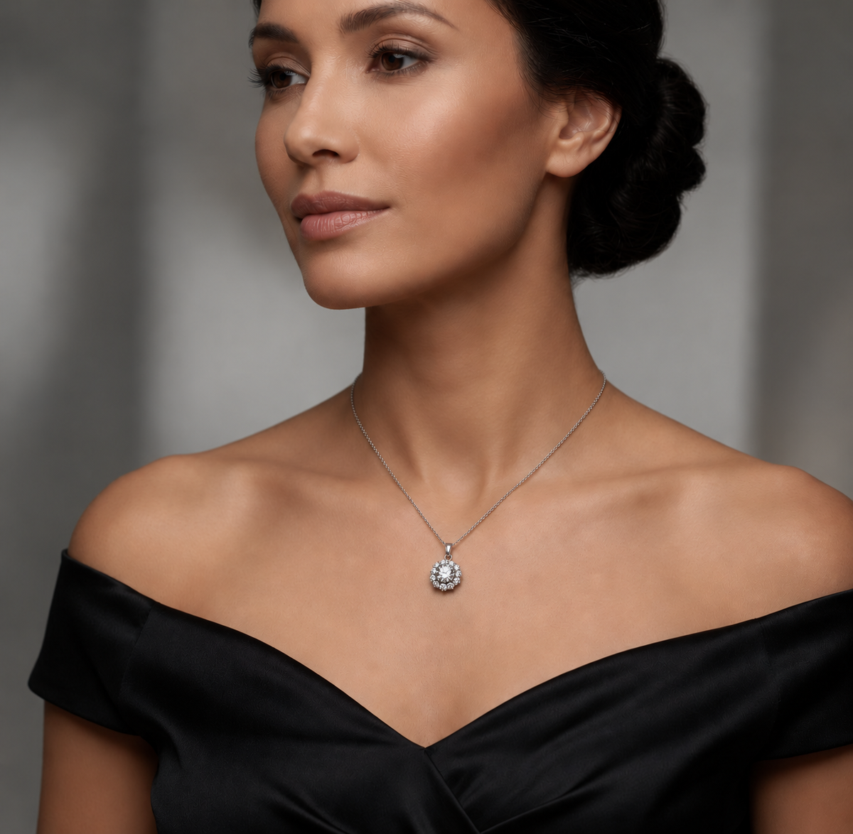 1 Carat Center Diamond Halo Pendant shown at realistic scale on model