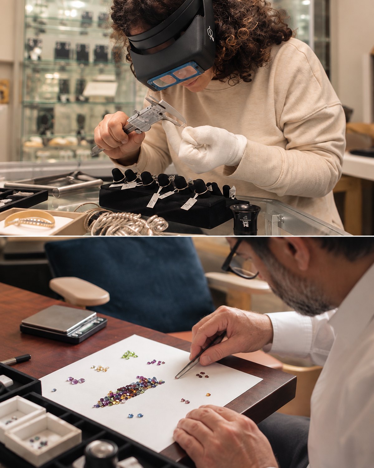 Semra Aydemir measuring a ring with calipers and Yehuda Gluck sorting gemstones with tweezers