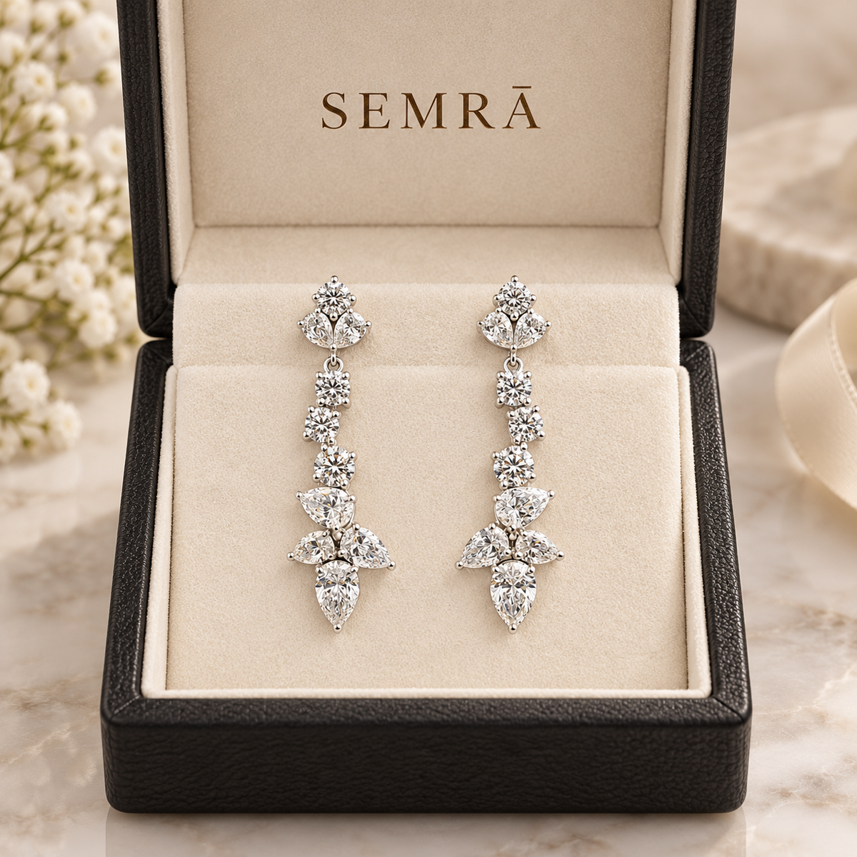 SEMRĀ pear and round diamond dangle earrings in luxury jewelry box