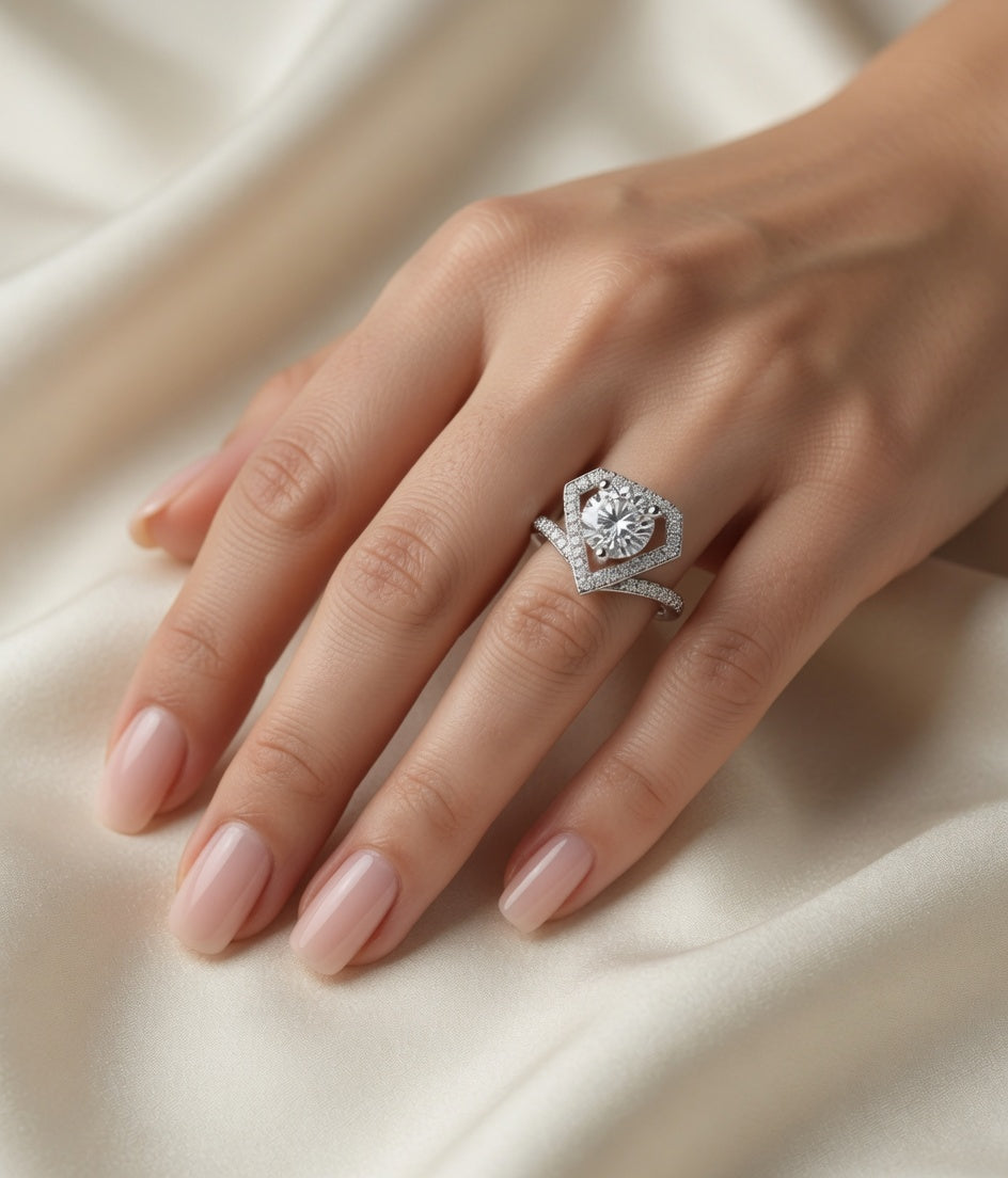 Geometric Triangle Shape Halo Diamond Engagement Ring