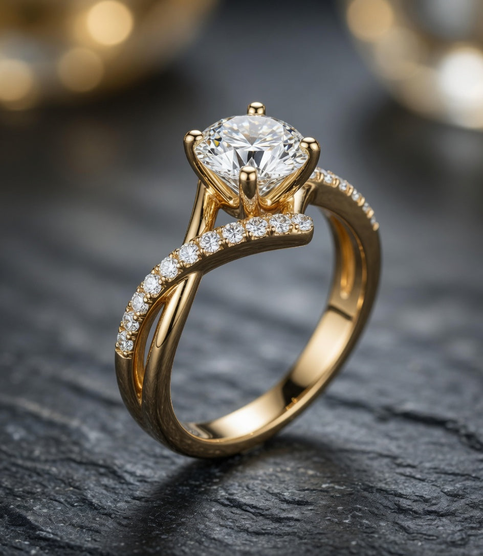 Criss Cross Micro Pavé Diamond Engagement Gold Ring diamond detail close up