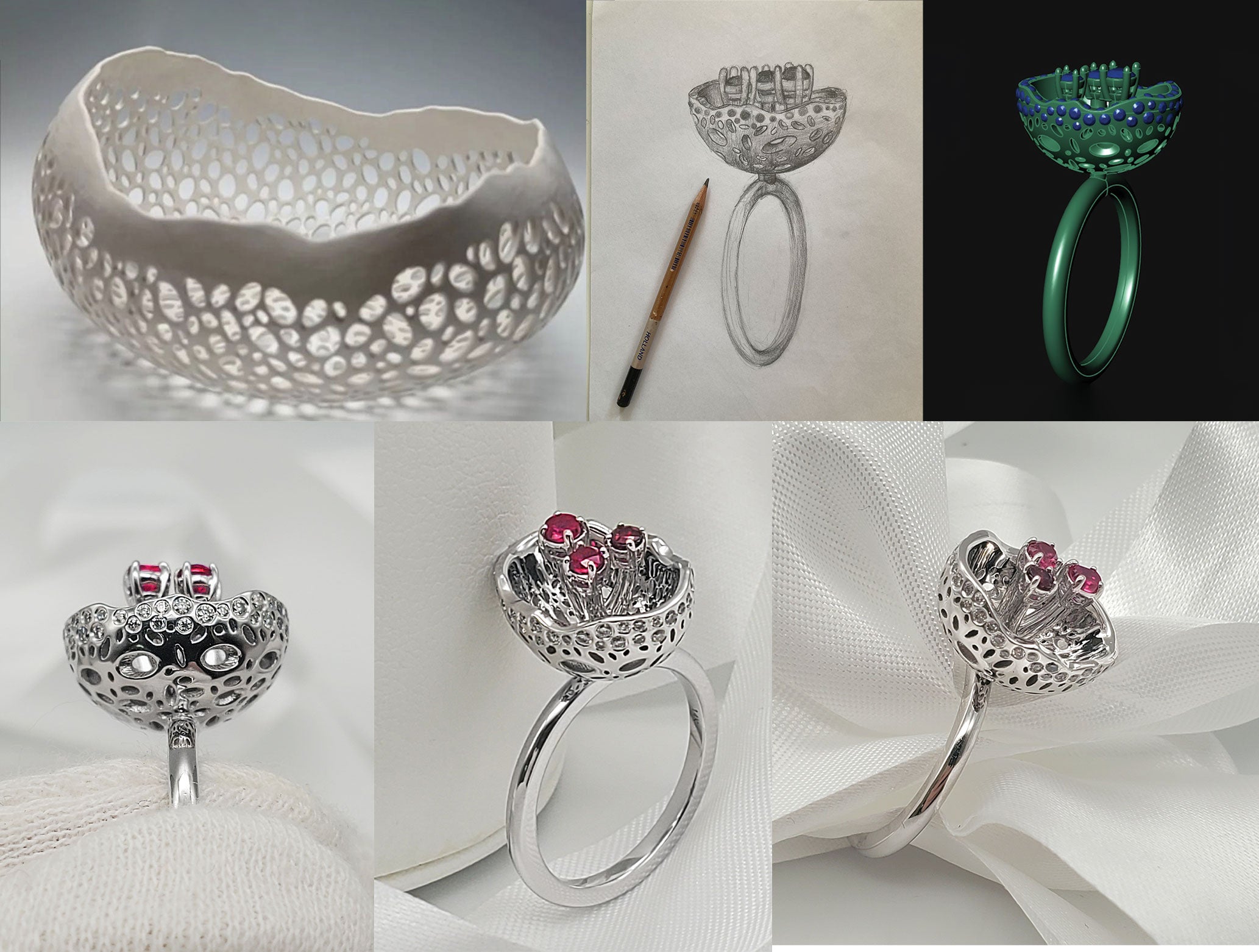 The Vase Ring with Lab Diamond and Genuine  Rubies
