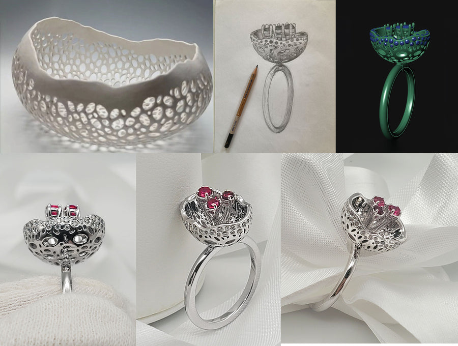Vase Ring with Lab Diamond and Genuine Rubies