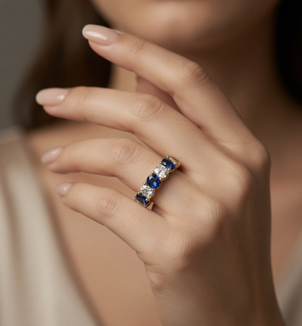 Cushion Cut Diamond & Blue Sapphire Eternity Band