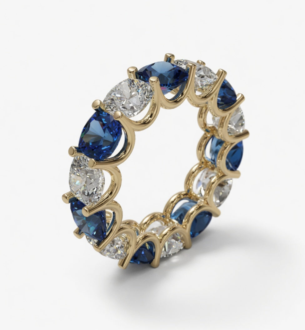 Cushion Cut Diamond & Blue Sapphire Eternity Band