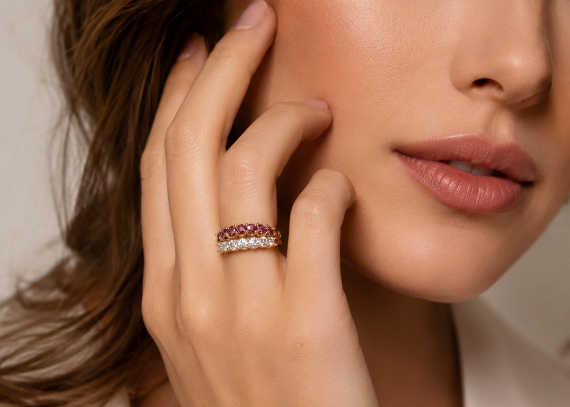 Split Shank Diamond & Ruby Ring