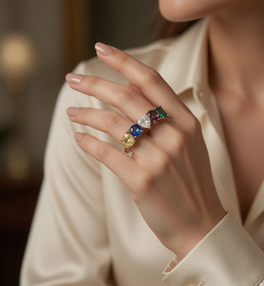 Heart Cut Diamond and Gemstone Cluster Ring