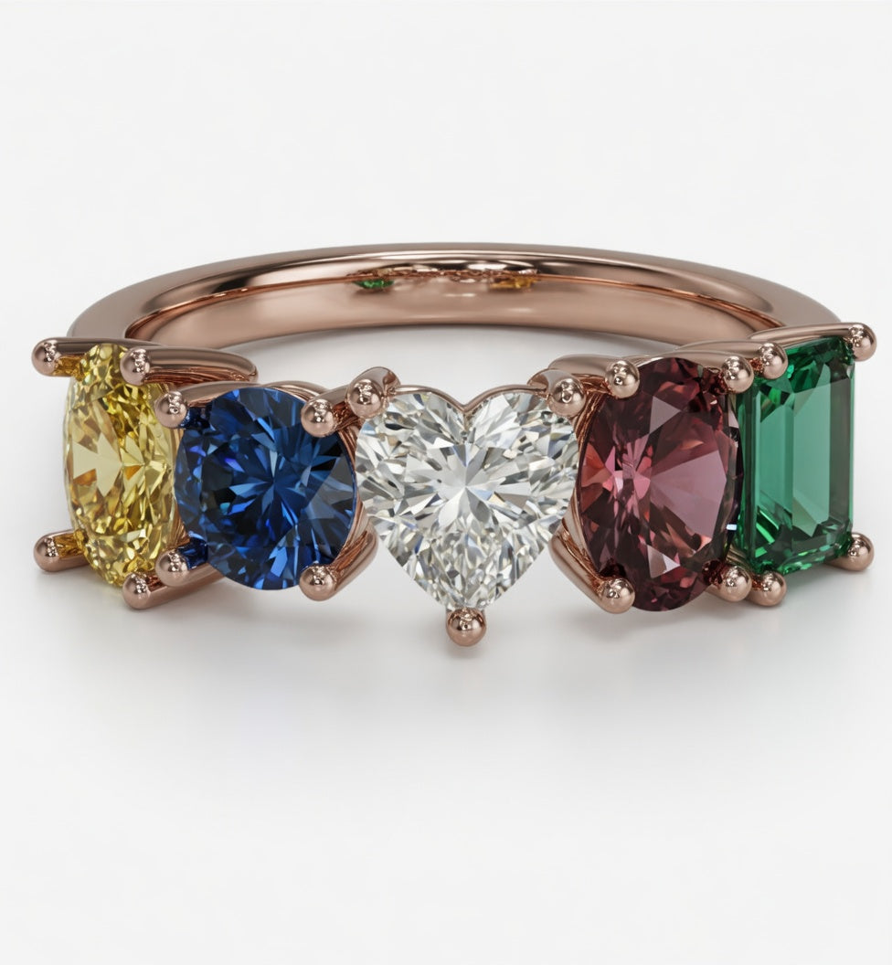 Heart Cut Diamond and Gemstone Cluster Ring