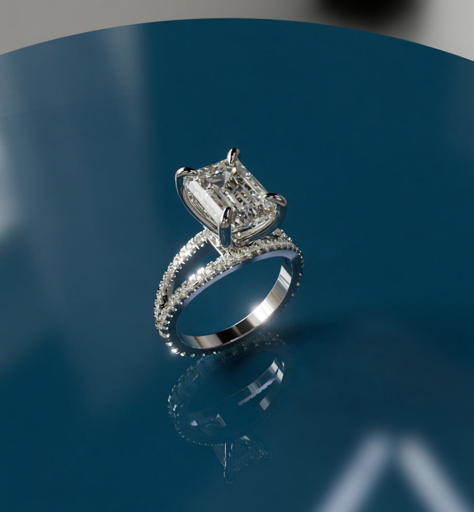 3.5ct Emerald Cut Split Shank Micro Pavé All The Way Diamond Engagement Ring