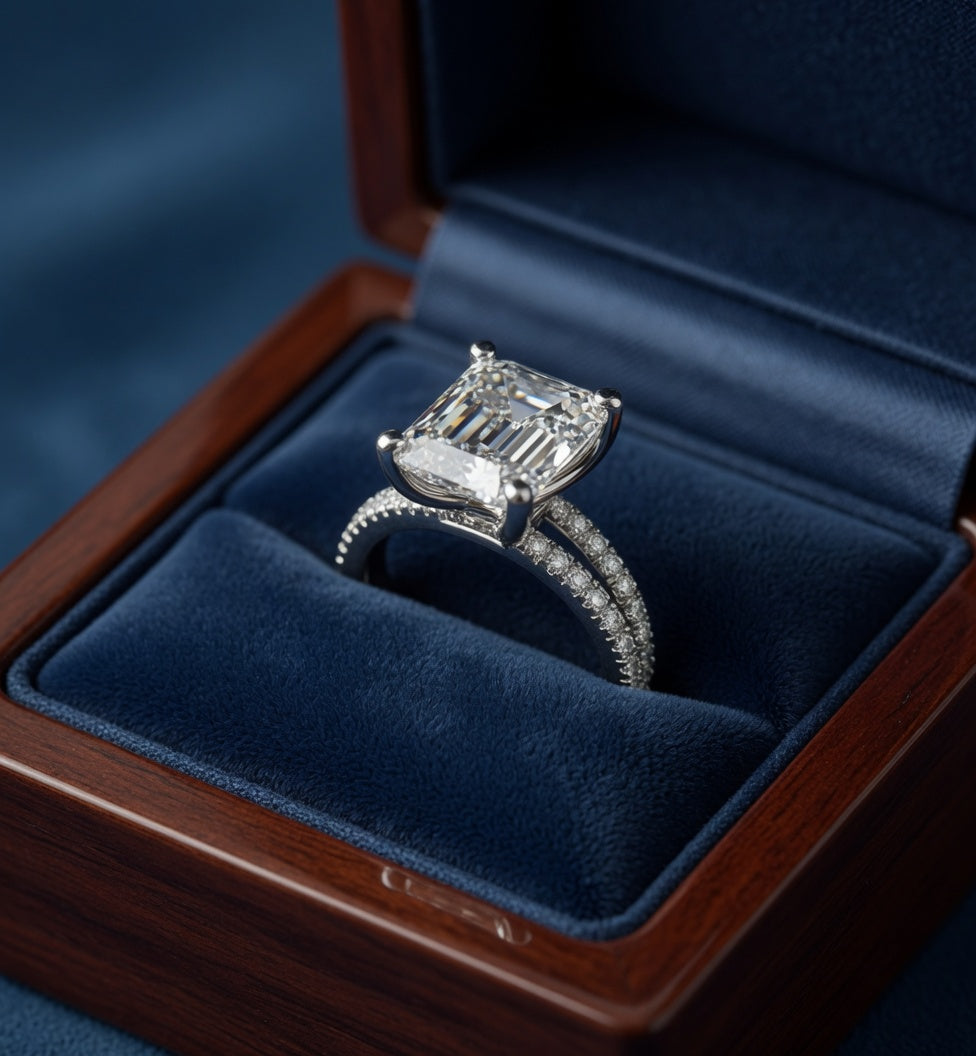 3.5ct Emerald Cut Split Shank Micro Pavé All The Way Diamond Engagement Ring