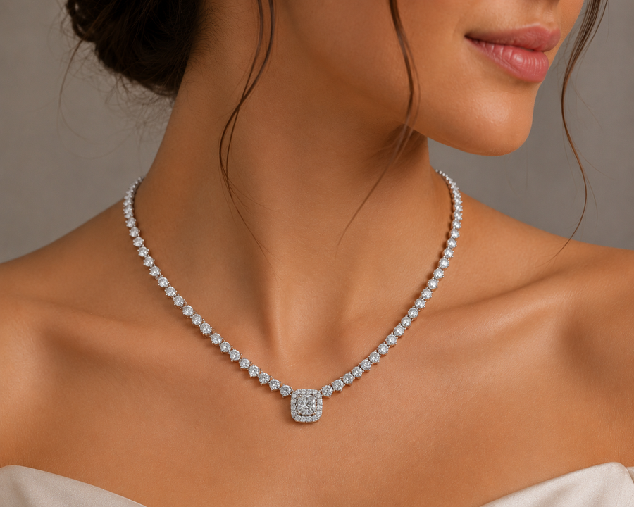 1.5ct Princess Center 3 Prongs Tapered Diamond Tennis Necklace