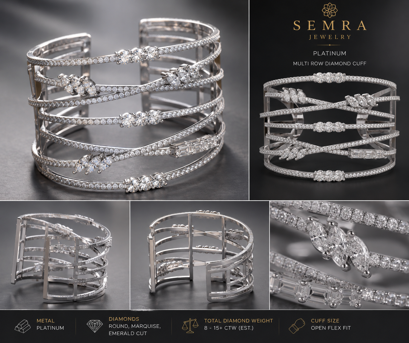 7 Rows Fancy Shapes Diamonds Cuff Bangle