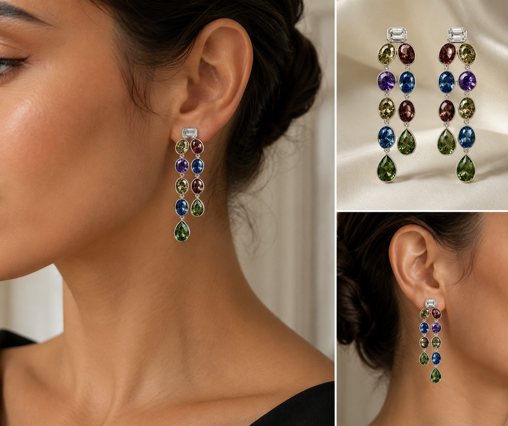 Diamond and Genuine Color Stones Double Bezel Dangle Earring