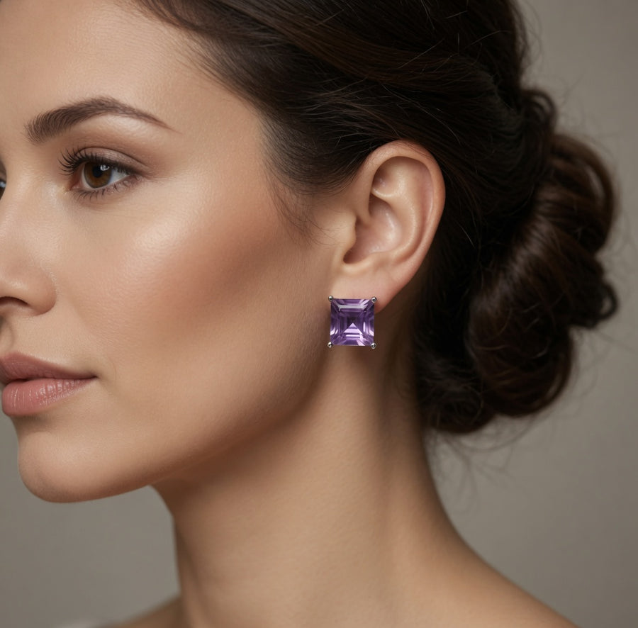 Princess Cut Amethyst Stud Earring