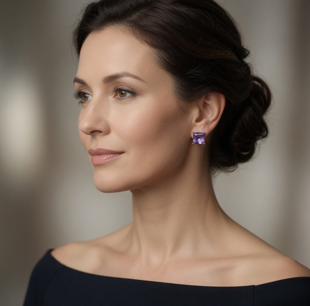 Princess Cut Amethyst Stud Earring