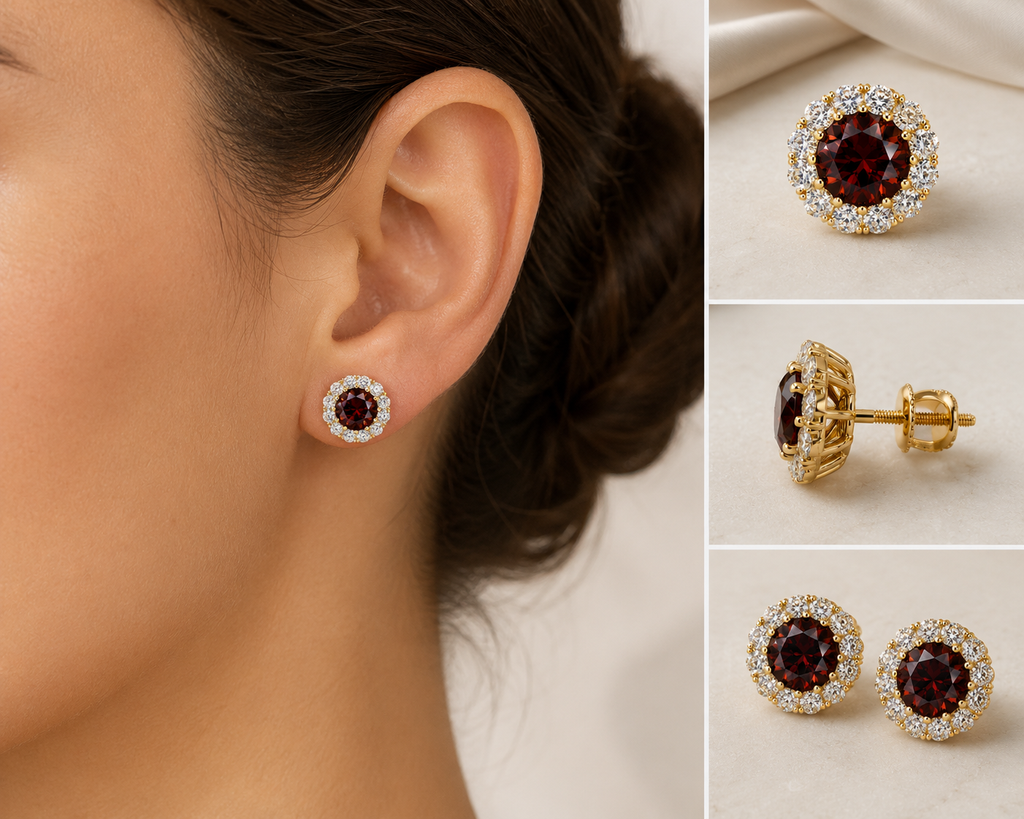 Martini Halo Genuine Garnet Stud Earring